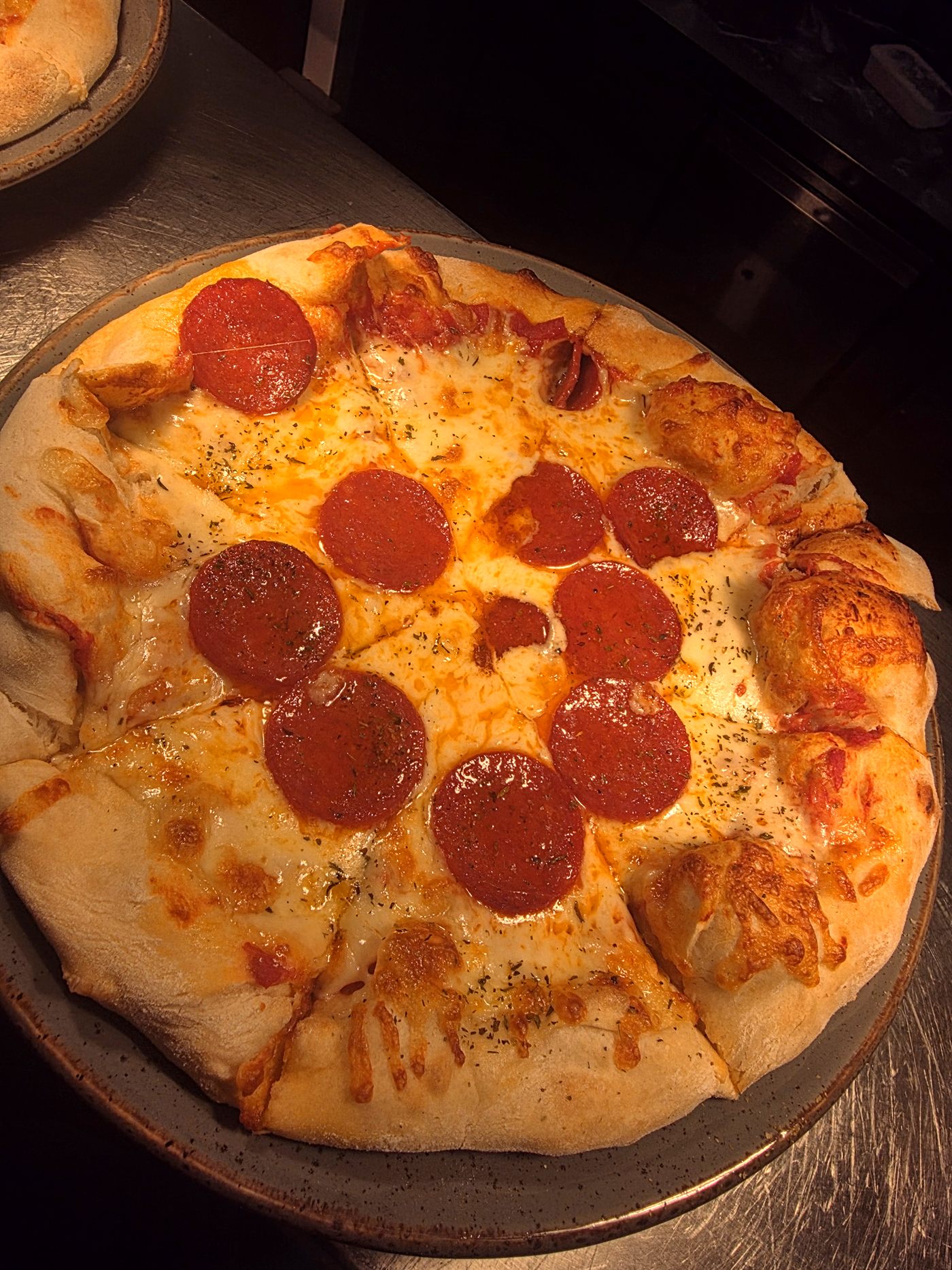 A homemade pepperoni pizza